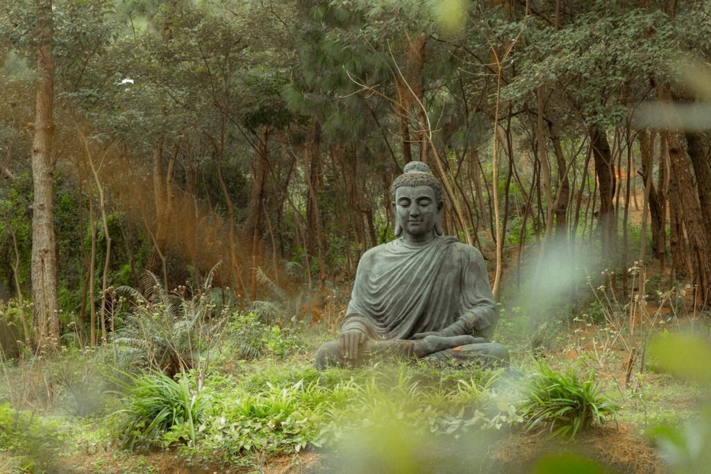 Calm statue of Buddha meditating in a tranquil forest with lush greenery.